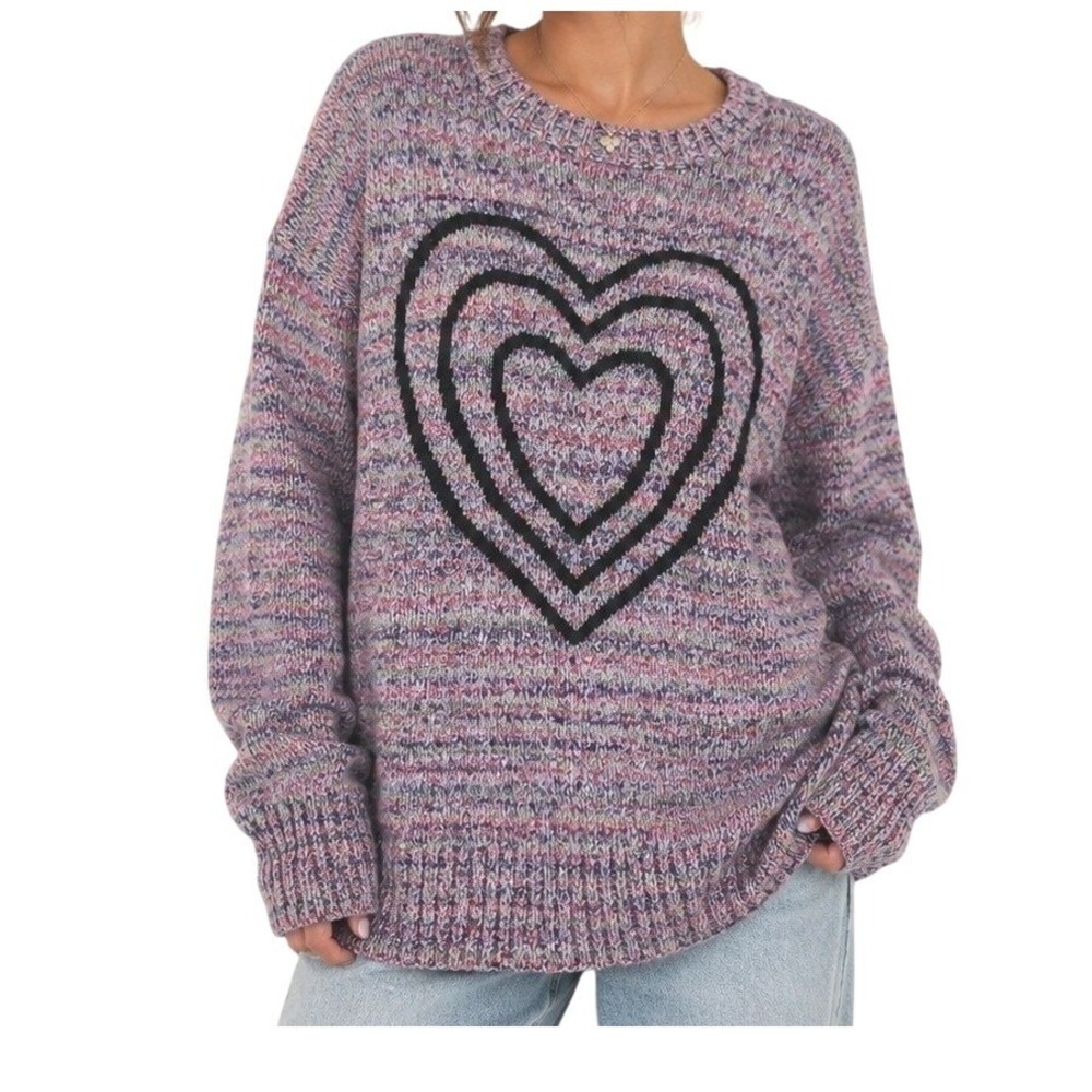 SO Women Purple‎ Pink Space Dye Heart Chunky Knit Graphic Crewneck Sweater Large